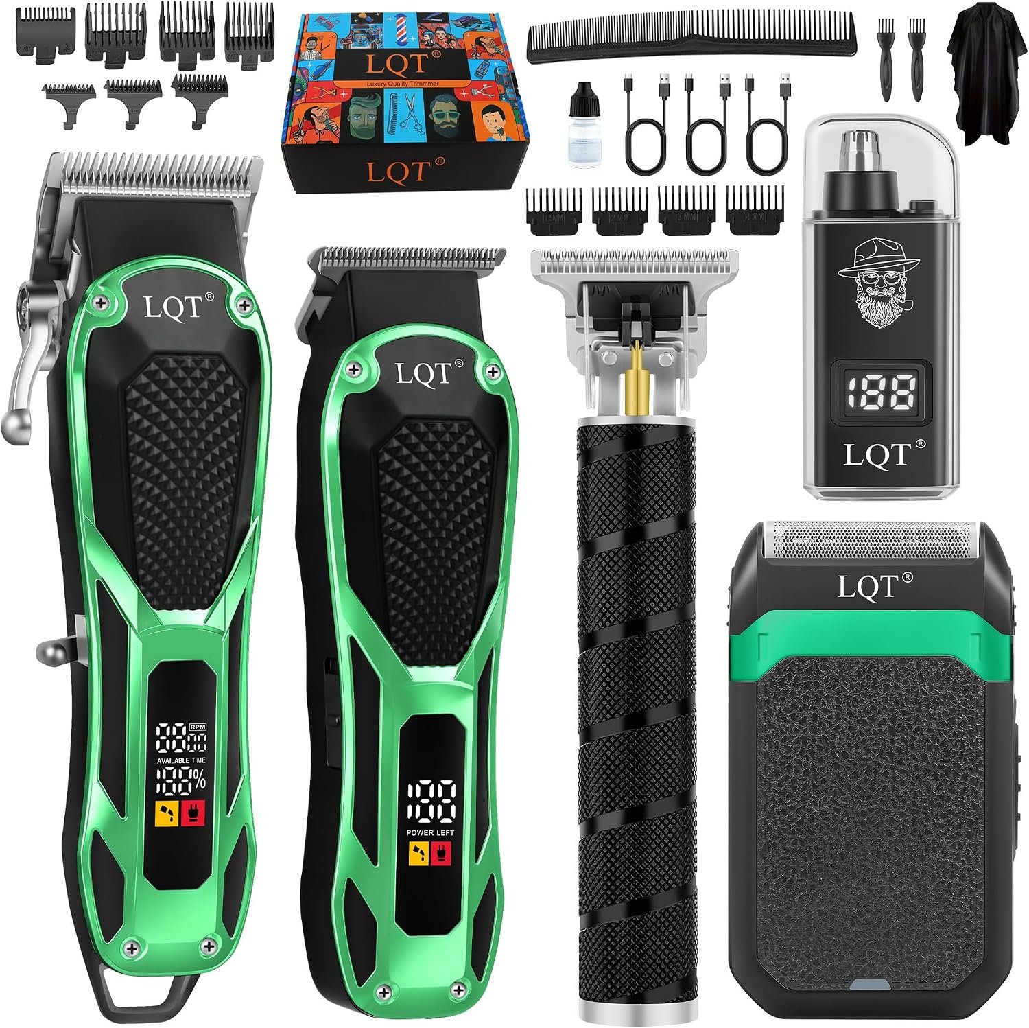 5-in-1 Professional Hair Clipper Set, Gradient Green Cordless Hair Trimmer Kit, Men’s Beard Trimmer, Electric Shaver & Nose Hair Trimmer for Grooming to Father Husband Boyfriend Son Gifts