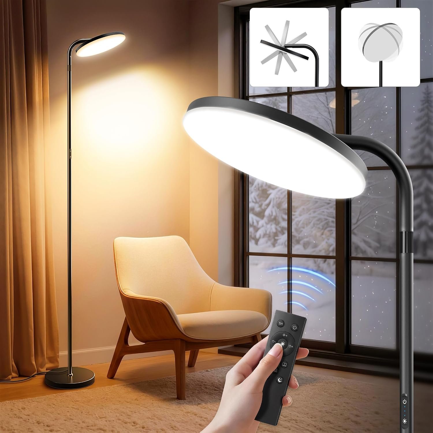 Light Therapy Lamp 15000 Lux, Full Spectrum Happy Lamp with Remote & Stepless Dimming, 4 Color Modes, 350° Rotating Head Floor Lamp, UV-Free Sunlight Lamp for Home Office, Energy Boost