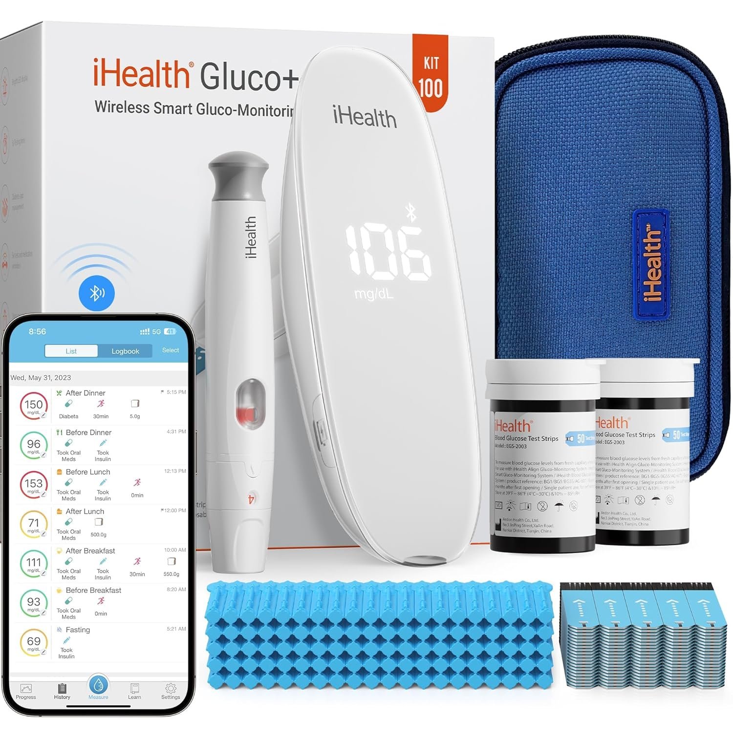 iHealth Gluco+ Wireless Smart Glucose Monitor Kit, 100 Strips & 100 Lancets