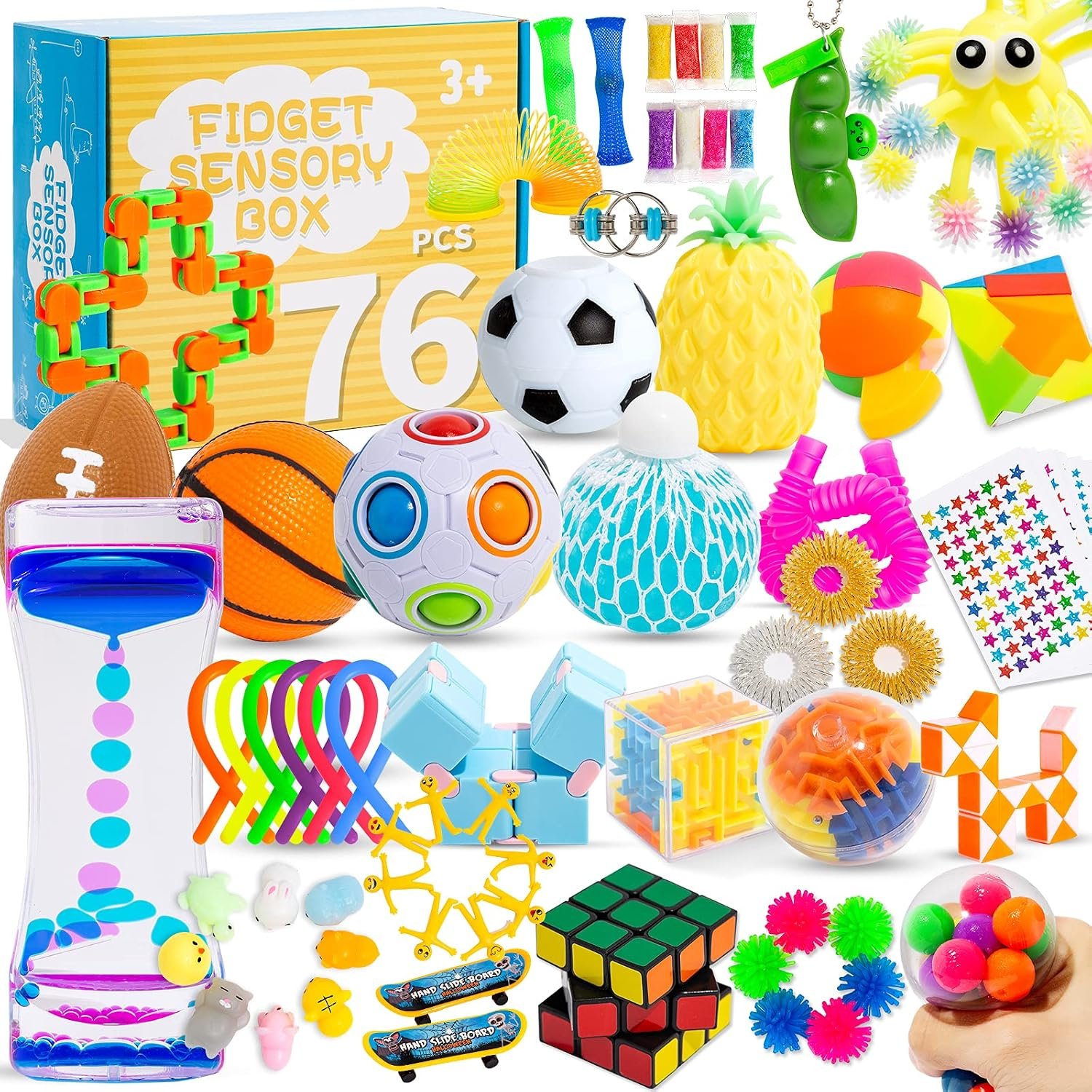 76 Pack Sensory Fidget Toys Set, Stress Relief and Anti-Anxiety Bundle Sensory Toys for Kids Adults, Cool Fidget Packs with Mochi Squishy, Magic Rainbow Ball, Motion Timer, Flippy Chain,Stress Ball…