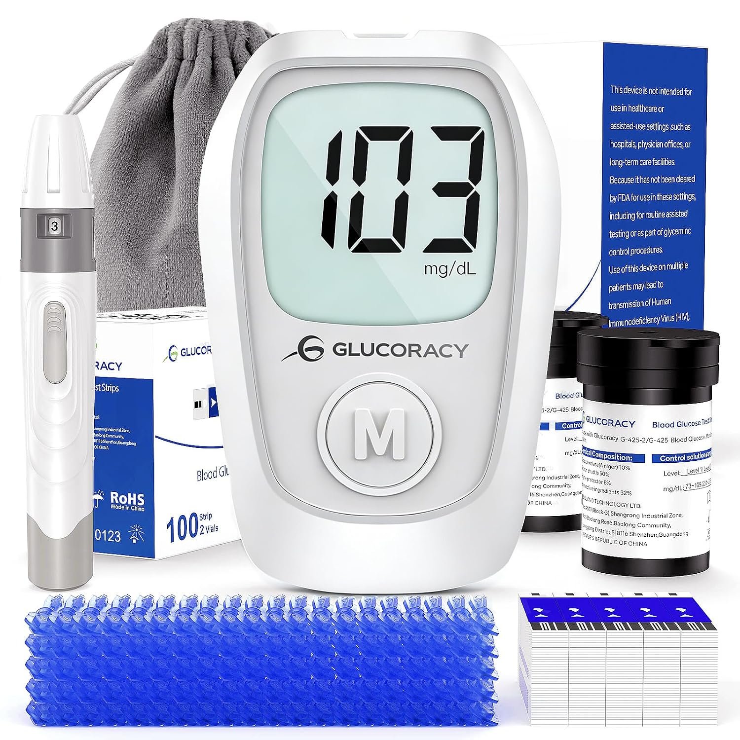 Glucoracy G-425 Glucose Monitor Kit, 100 Blood Glucose Strips, No Coding