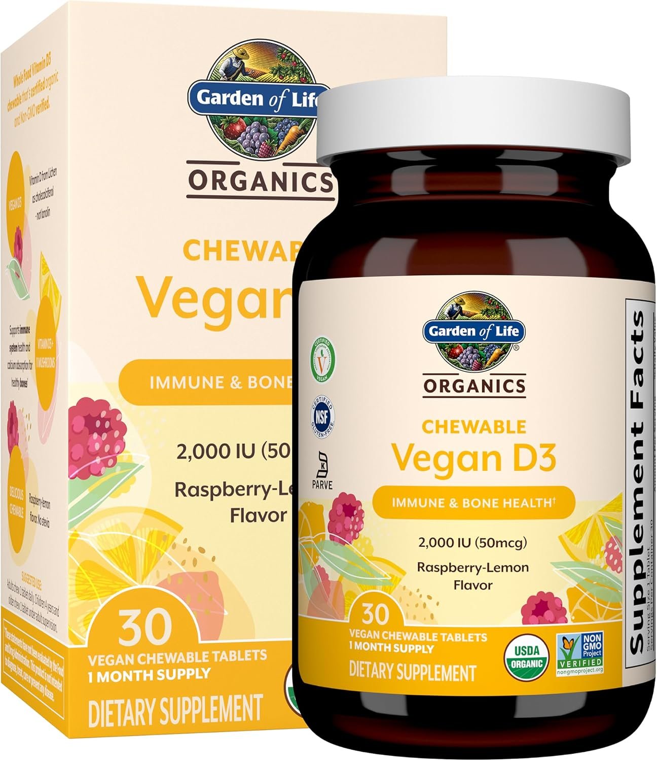 Garden of Life Organics Vegan D3 Chewables, Raspberry Lemon Flavored, 30ct