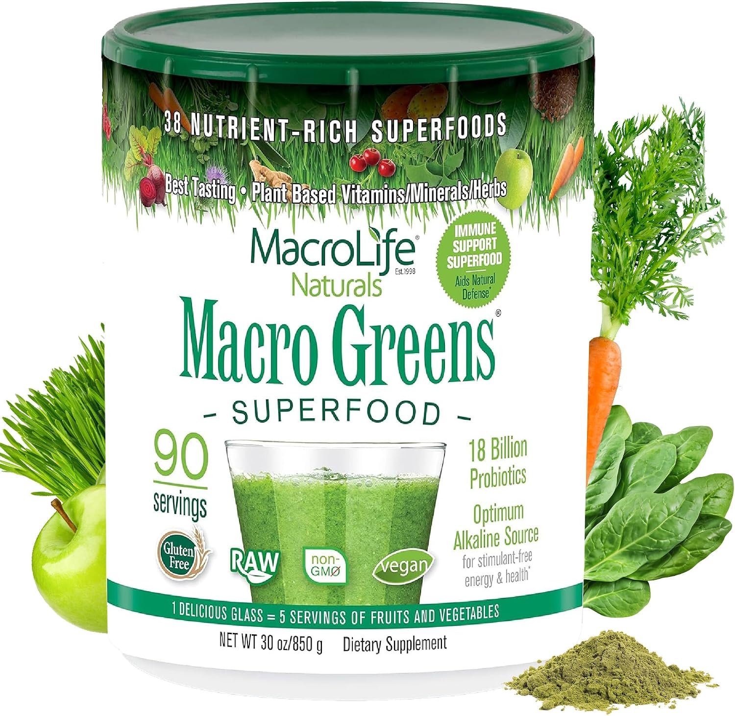 MacroLife Naturals Macro Greens Superfood Powder, 90 Servings (30oz)