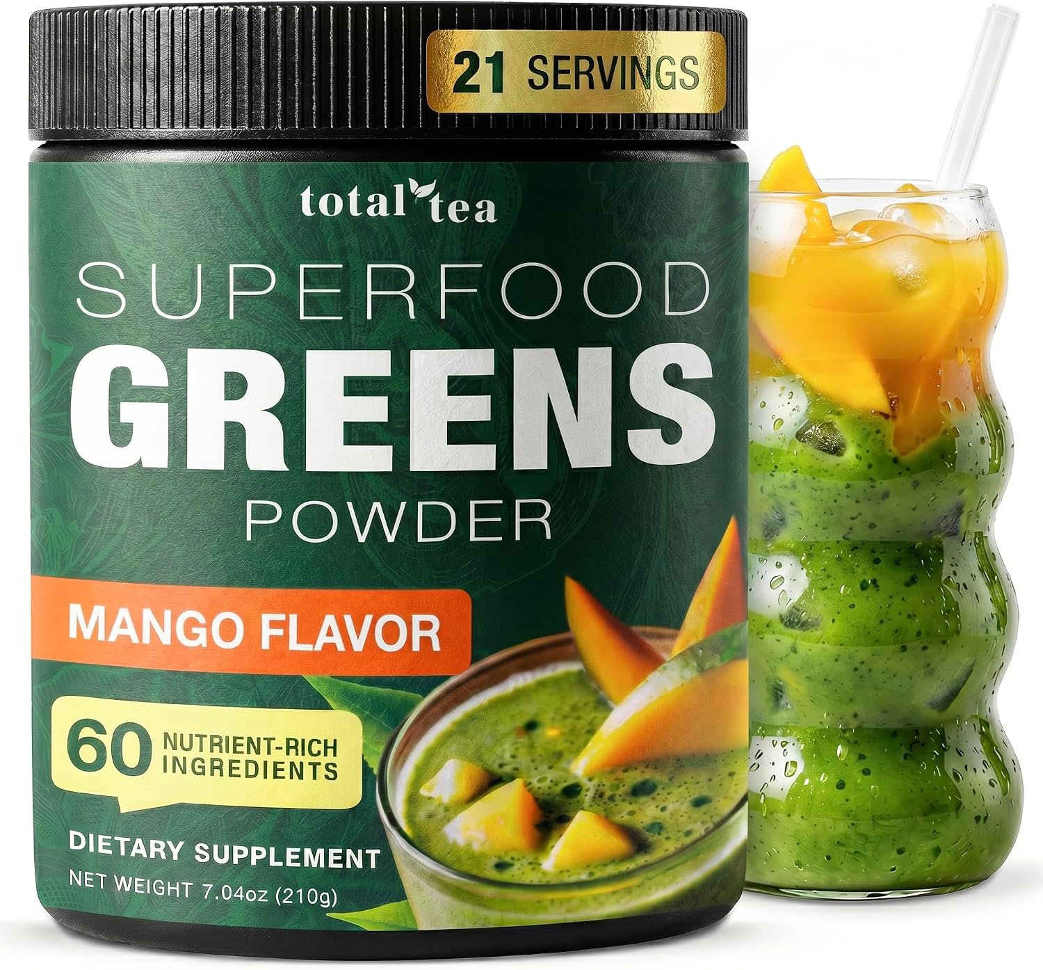 Total Tea Super Greens Powder Mango Spirulina Chlorella Vegan Superfood