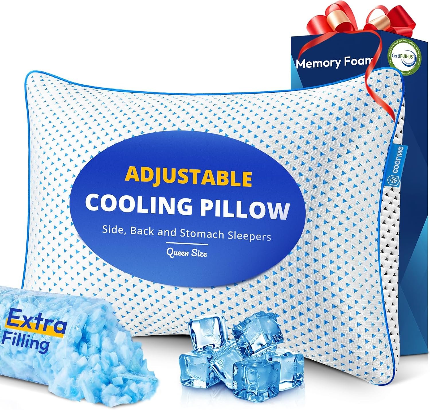 Adjustable Shredded Memory Foam Pillows Queen Size 1 Pack, Cooling Pillow