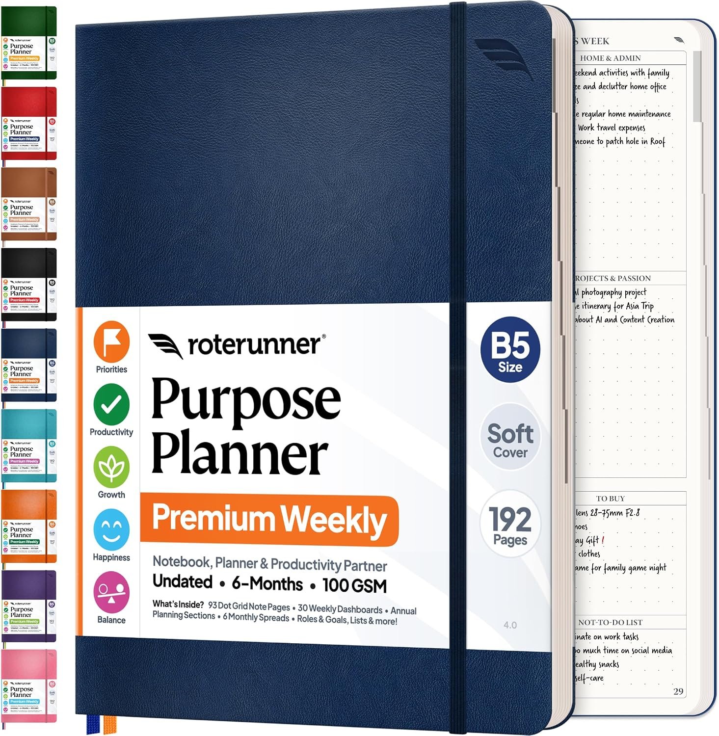 Roterunner Purpose Planner Notebook B5 7.5”x9.8” Undated Planner 2026 Daily Weekly and Monthly Productivity Goal Setting Tool for Work Home ADHD Planner for Adults Self Care Journal