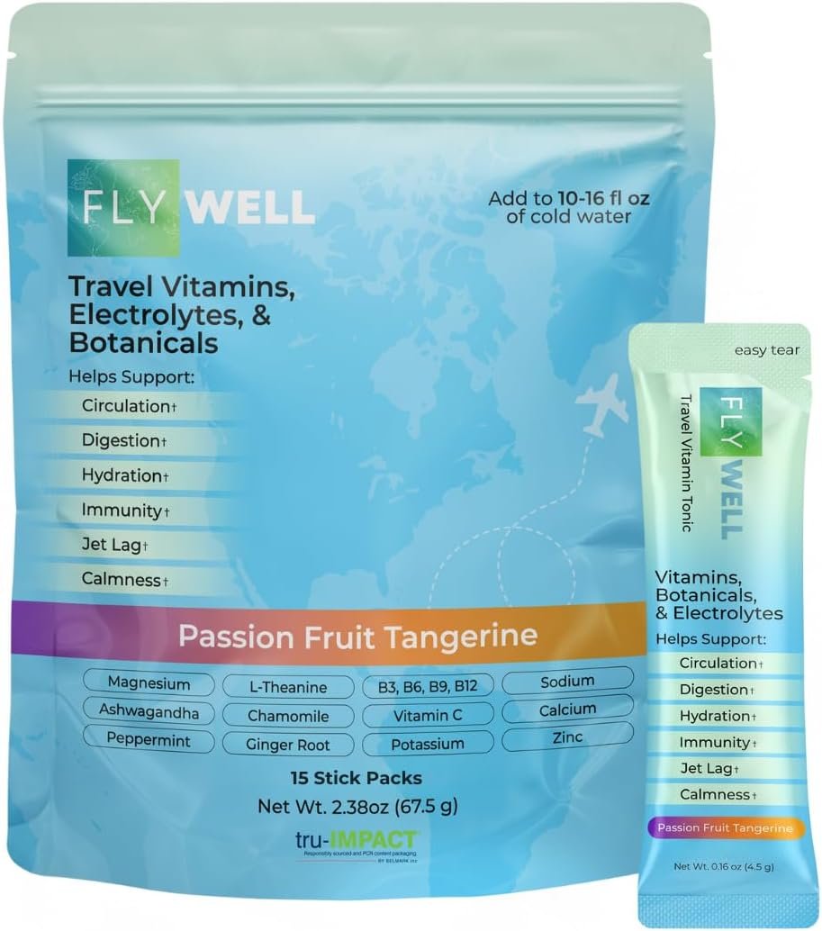Travel Vitamin Tonic for Flight, Jet Lag, Hydration, Circulation, Digestion & Immune Support, Promotes Calmness, Electrolyte Powder, Travel Essentials, Passion Fruit Tangerine, 15 Sticks