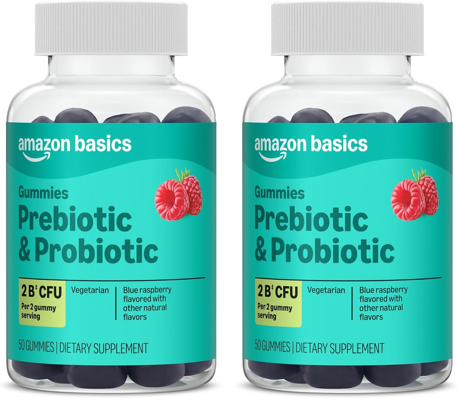 Amazon Basics Prebiotic & Probiotic Gummies, Two Billion CFU, Blue Raspberry, 50 Count (2 per Serving) (Pack of 2), Packaging May Vary
